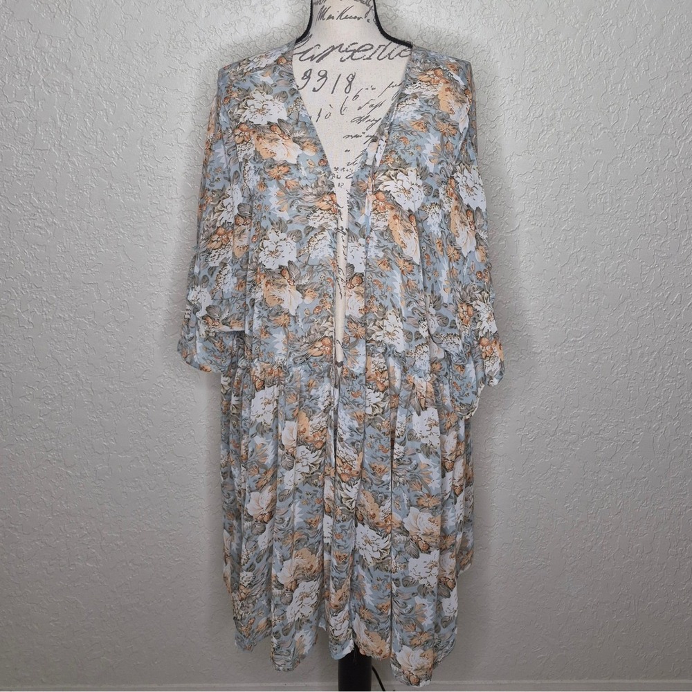 Hayden Los Angeles Floral Kimono Cardigan Blue Peach Fairy Babydoll Boho 2XL